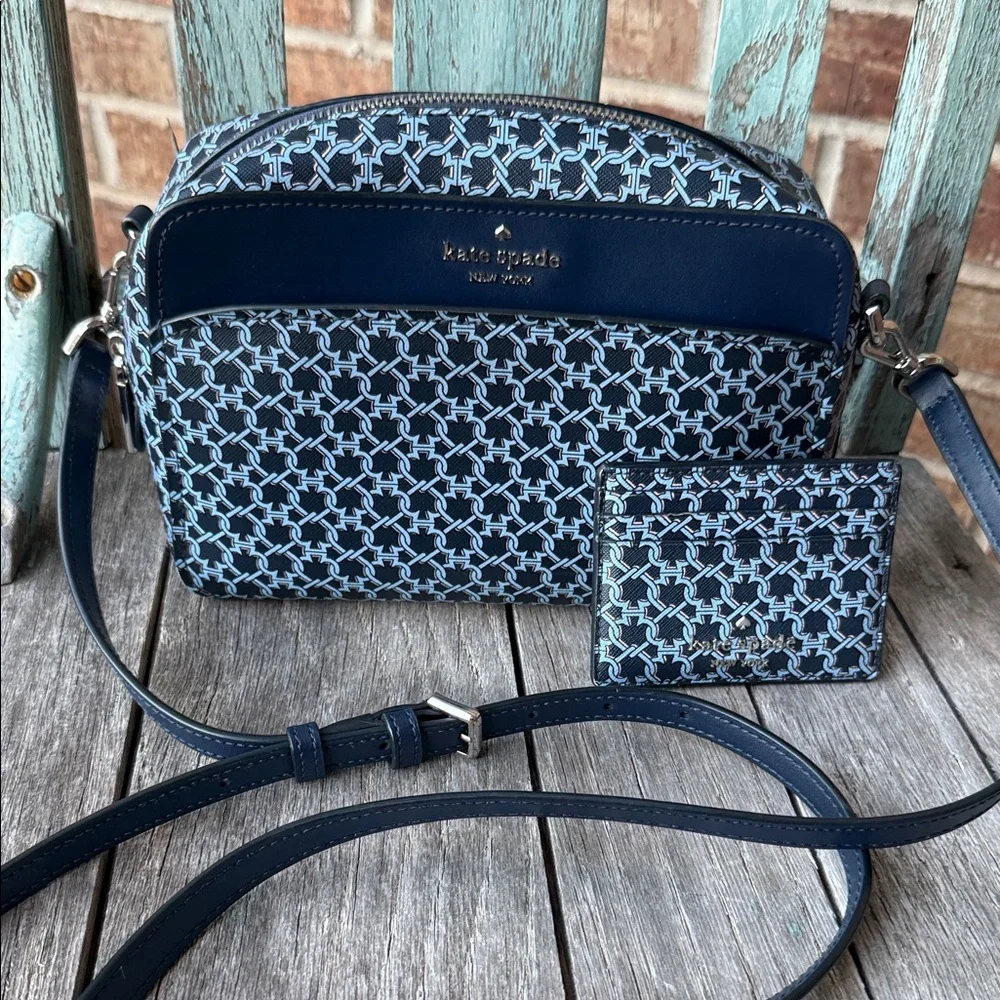 Kate Spade NY Link Camera Bag Blue Multi Saffiano PVC w/Matching Card Holder - Picture 3 of 16